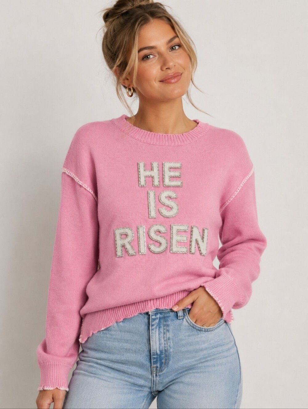 Judith March He Is Risen Pink Pearl Rhinestone Sweater Size M